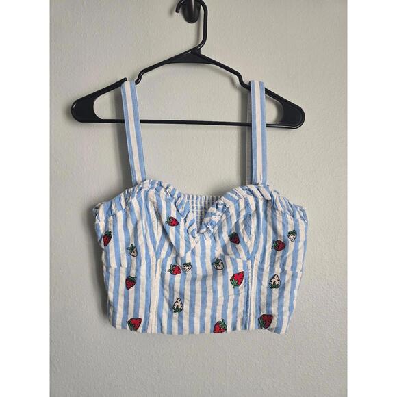 Maeve Tops - Maeve Anthropologie Blue and White Striped Strawberry Embroidered Cami Tank (10)